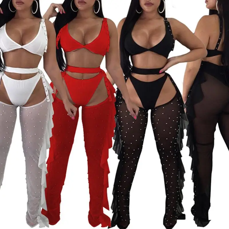 

Женский комплект: футболка с бусинами и однотонные длинные брюки для взрослых женщин (весенняя коллекция, без рукавов)