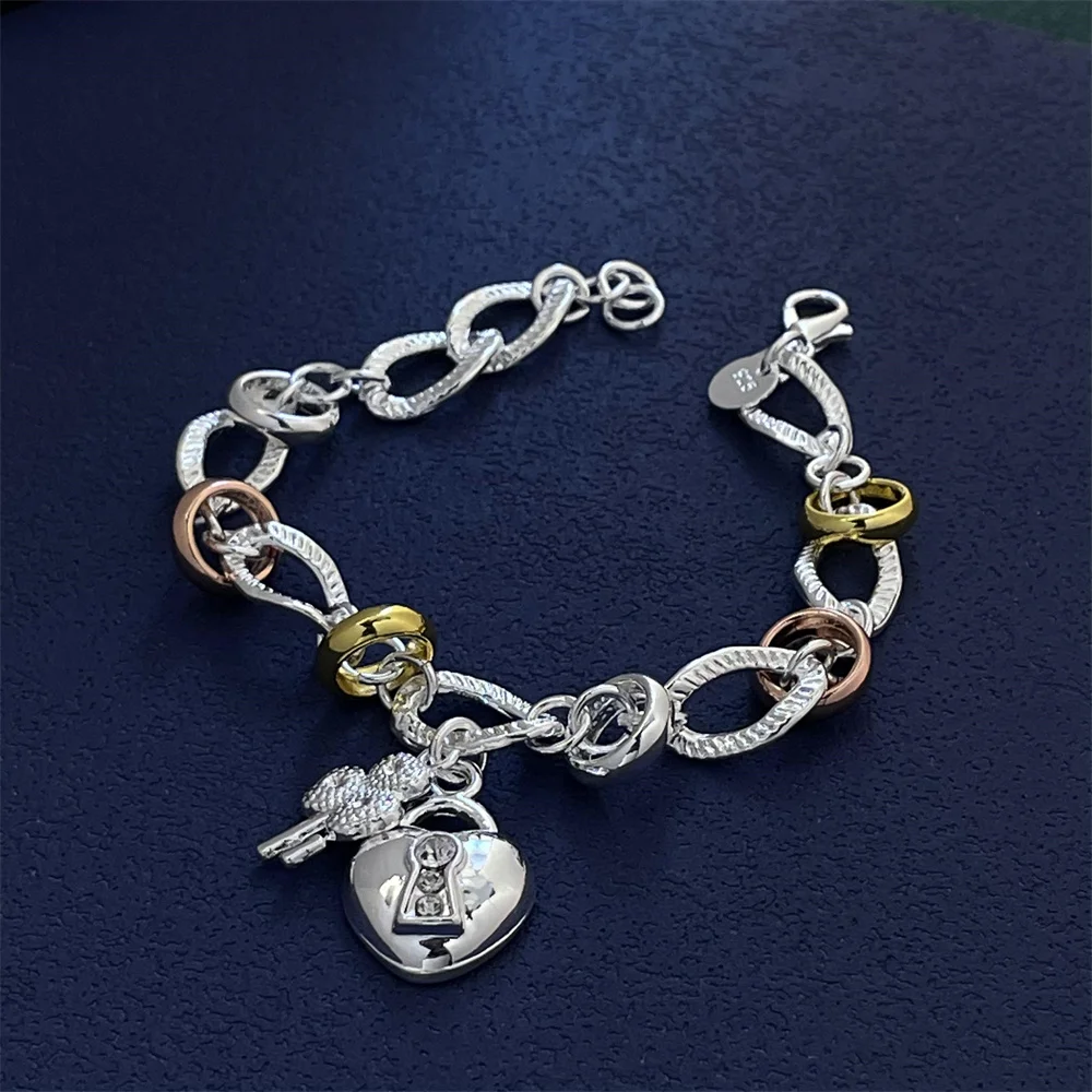 Braccialetto in argento Sterling 925 braccialetto bicolore con cuore carino regalo di distribuzione di fidanzamento da donna