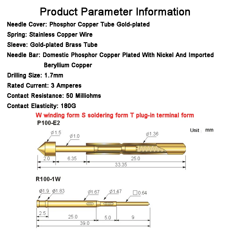 Sonda de teste de mola de latão série p100 r100, com diâmetro de agulha banhado a níquel, pino de teste escalável de mola eletrônica, pino pogo com 10 peças