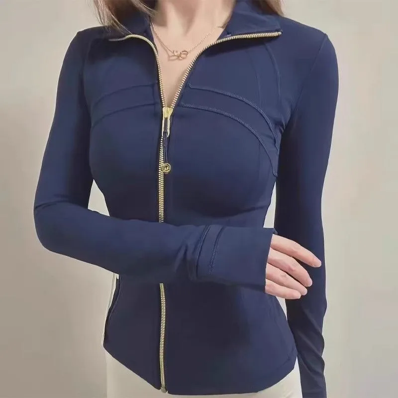 Sports Running Gold Zipper Fitness Yoga Stand-Up Collar Women's Slim Jacket Cardigan Top Skinny Long Sleeve Jacket