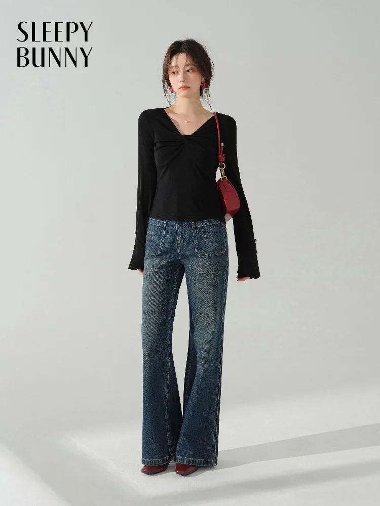 

Винтажные расклешенные джинсы, женские потертые джинсовые брюки с высокой талией, эластичные тонкие повседневные брюки, осенний уличный наряд с широкими штанинами в стиле ретро