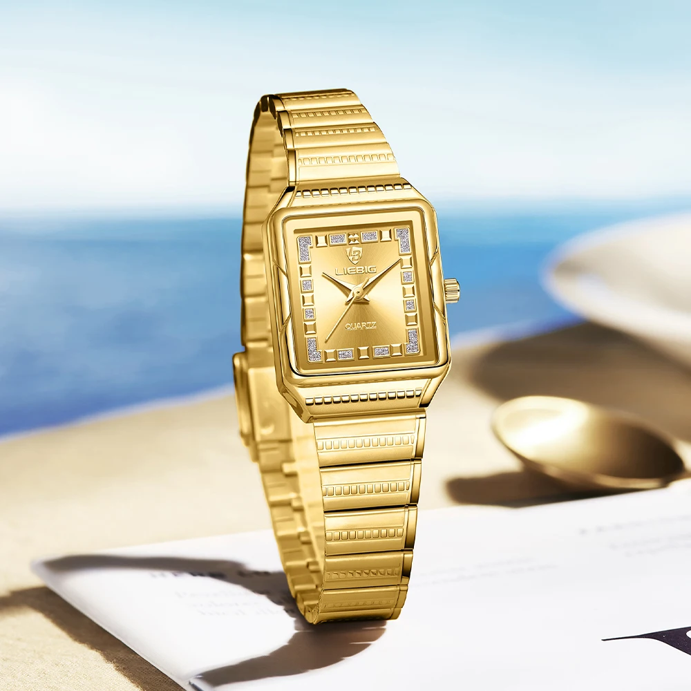 LIEBIG Jam Tangan Kuarsa Elegan Jam Tangan Bergaris Baja Tahan Karat untuk Wanita Jam Tangan Tahan Air Mewah Sederhana dan Gelang Hadiah Anak Perempuan