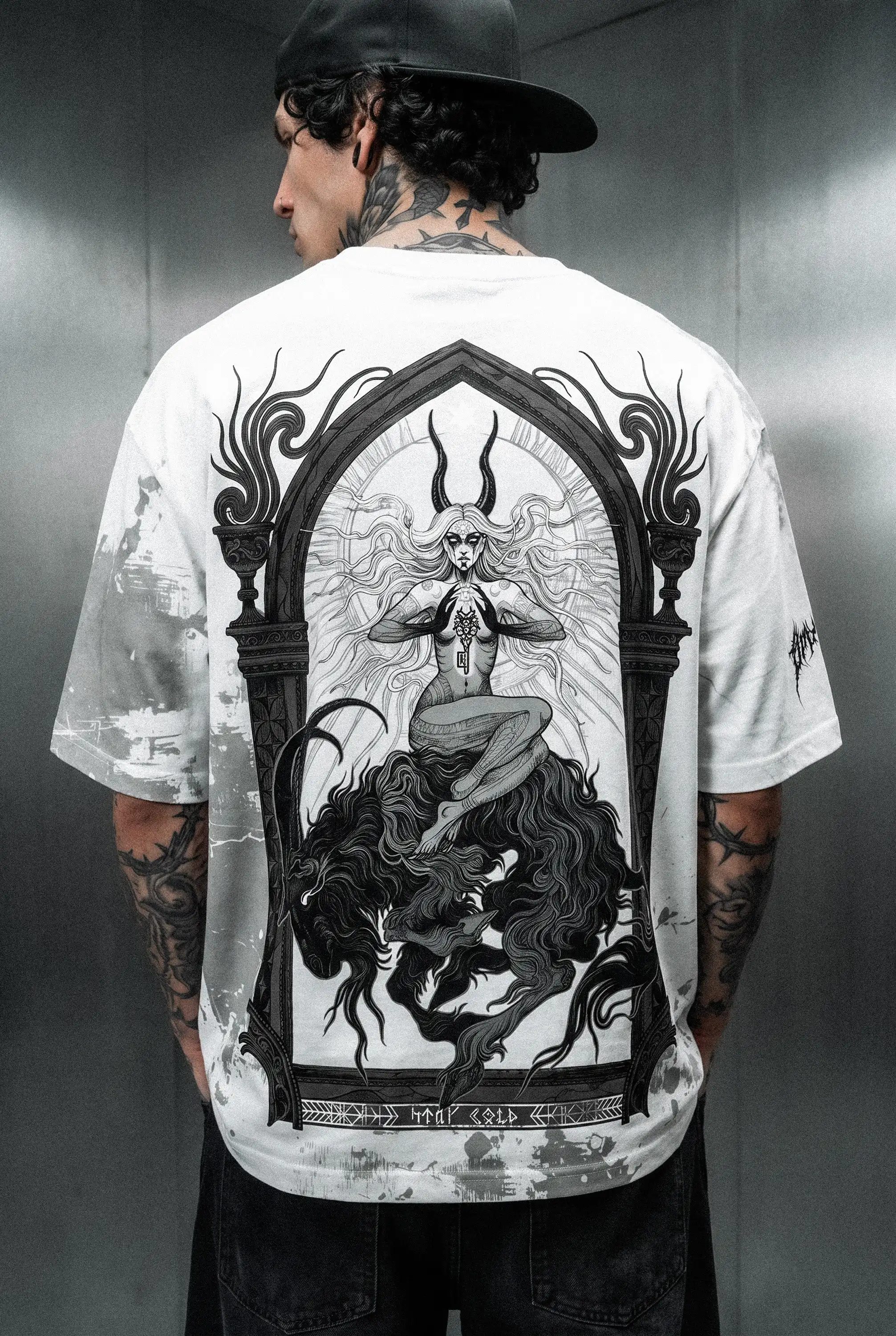 Gothic Arch Horned Goddess Goat Full Back Print Crewneck  Loose Short Sleeve T-Shirt Occult Streetwear Grunge Style Unisex Tee