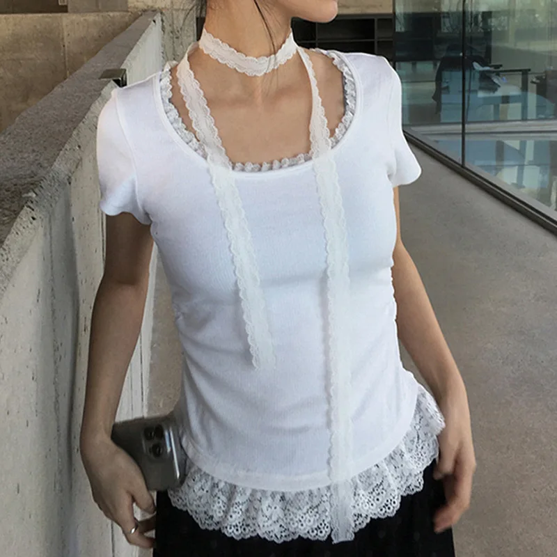 Chic Simple Lace Spliced Causal T-shirt For Women Solid Color Sexy Shirring Short Tee With Ribbon Summer Grey O-neck Tops Blouse