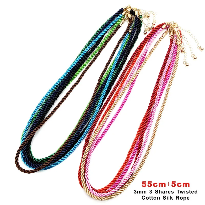 3 Pcs/lot Gold Color 3mm 3 Shares Twisted Cotton Silk Cord Necklace Adjustable Rope Chain Lobster Clasp DIY Jewelry Making