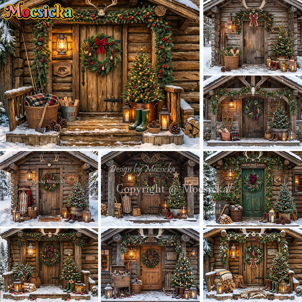 Mocsicka Rustic Snow Log Cabin Christmas Backdrop Photography Wreath Pine Tree Lantern Winter Background Xmas Family Photobooth