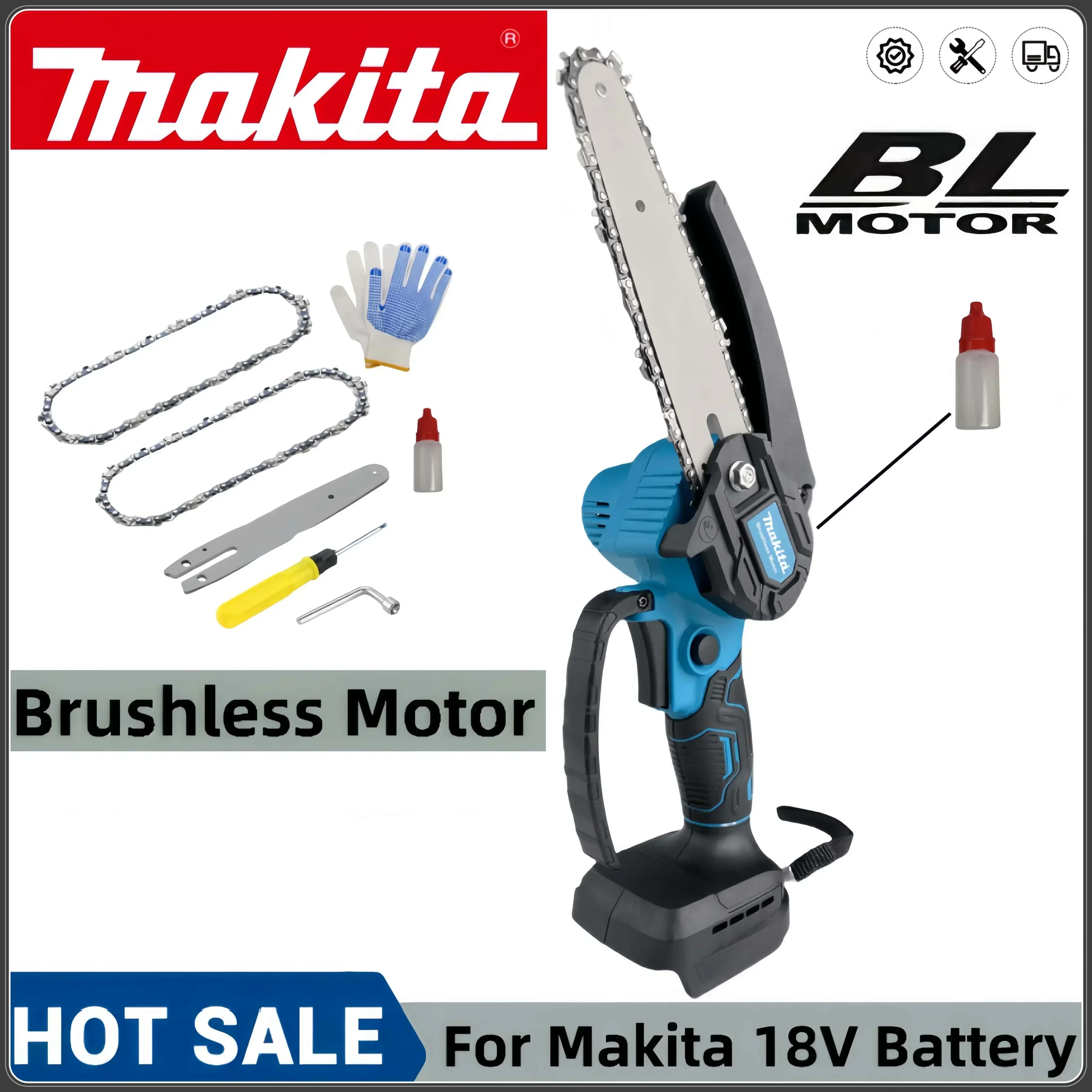 Makita New 6 Inch Brushless Chain Saw Cordless Mini Handheld Pruning Saw Woodworking Electric Saw Cutting Tool Makita 18VBattery