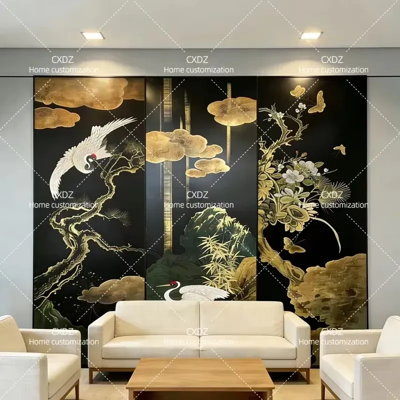 Custom Black Lacquer Folding Screen with Hand Painted Crane and Gold Foil Retro Texture Room Divider for Porch Tea Room
