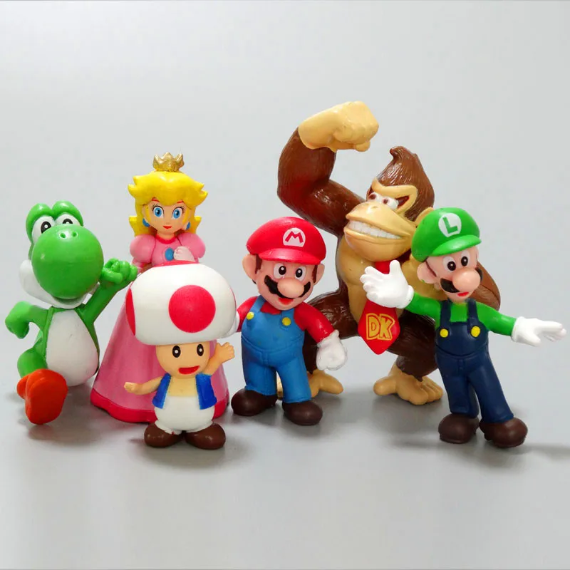 6pcs/set Super Marios Bros Action Figure Kawaii Yoshi Peach Toad Donkey Kong Anime Figure Model Dolls Kids Toys Cake Decoration