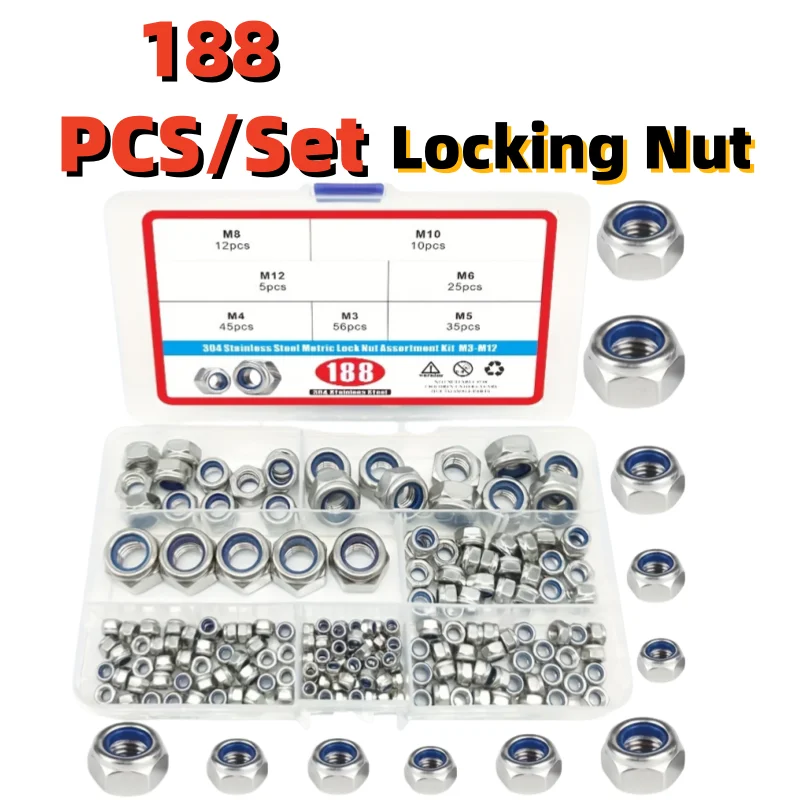 

188pcs 304 Stainless Steel Lock Nut Assortment Kit - Perfect for Lock Washers, Metric Nylon Insert Locknut M3-M12