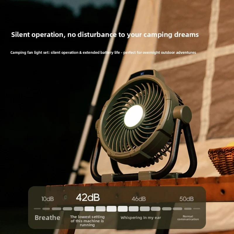 Outdoor Fan with Built-in LED Light, 10000mAh Long Lasting Battery Remote Timing, Dual-use Desktop Tent Fan for Camping Beach