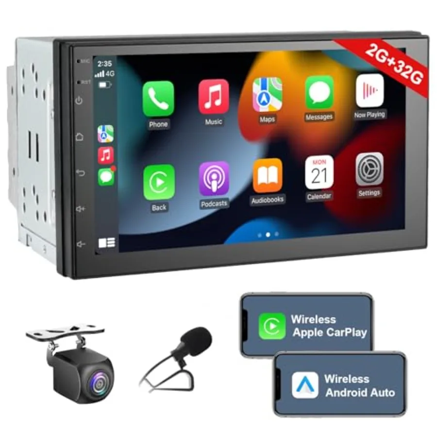 

Car stereo for vehicle installation, ABS plastic, black, supports wireless CarPlay and Android Auto with 7-inch touchscreen, DS