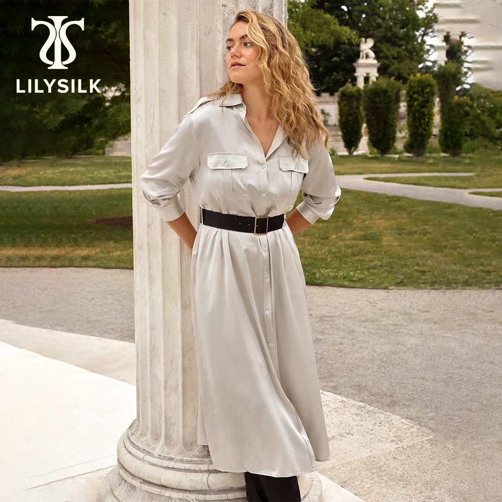 LILYSILK Trench-Style Silk Midi Shirt Dress for Women 2023 Fall New Turn Down Collar Outwear With Belt Cargo Robe Free Shipping