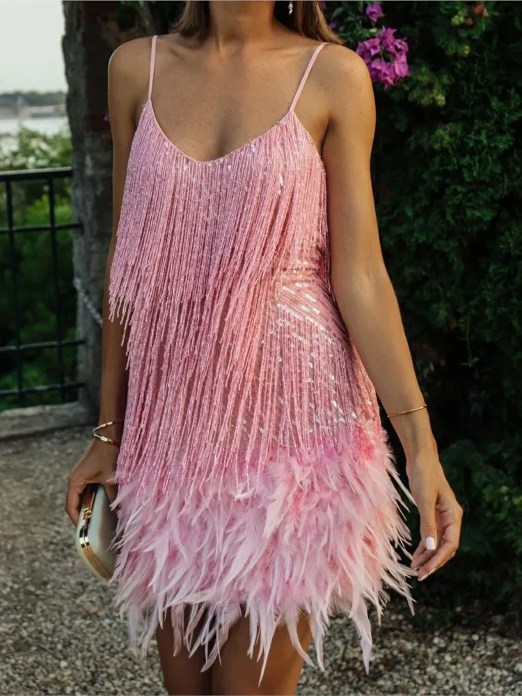 New Retro Pink Feather Tassel Flapper Dress Summer Women Short Sleeveless Shift Mini Dress Cocktail Prom Gown Latin Fringe Dress