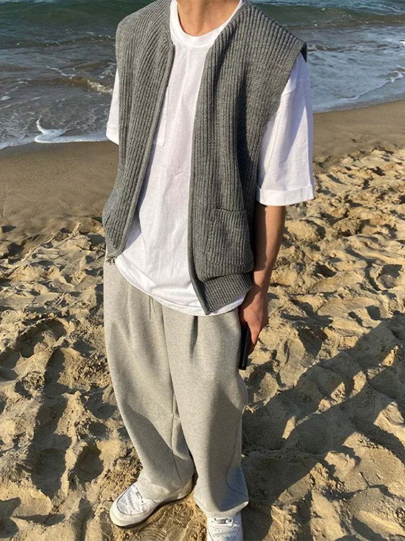 سترة رجالية محبوكة فضفاضة على الطراز الياباني، كارديجان أنيق بسحاب وفتحة على الكتف، إصدار قياسي للمراهقين