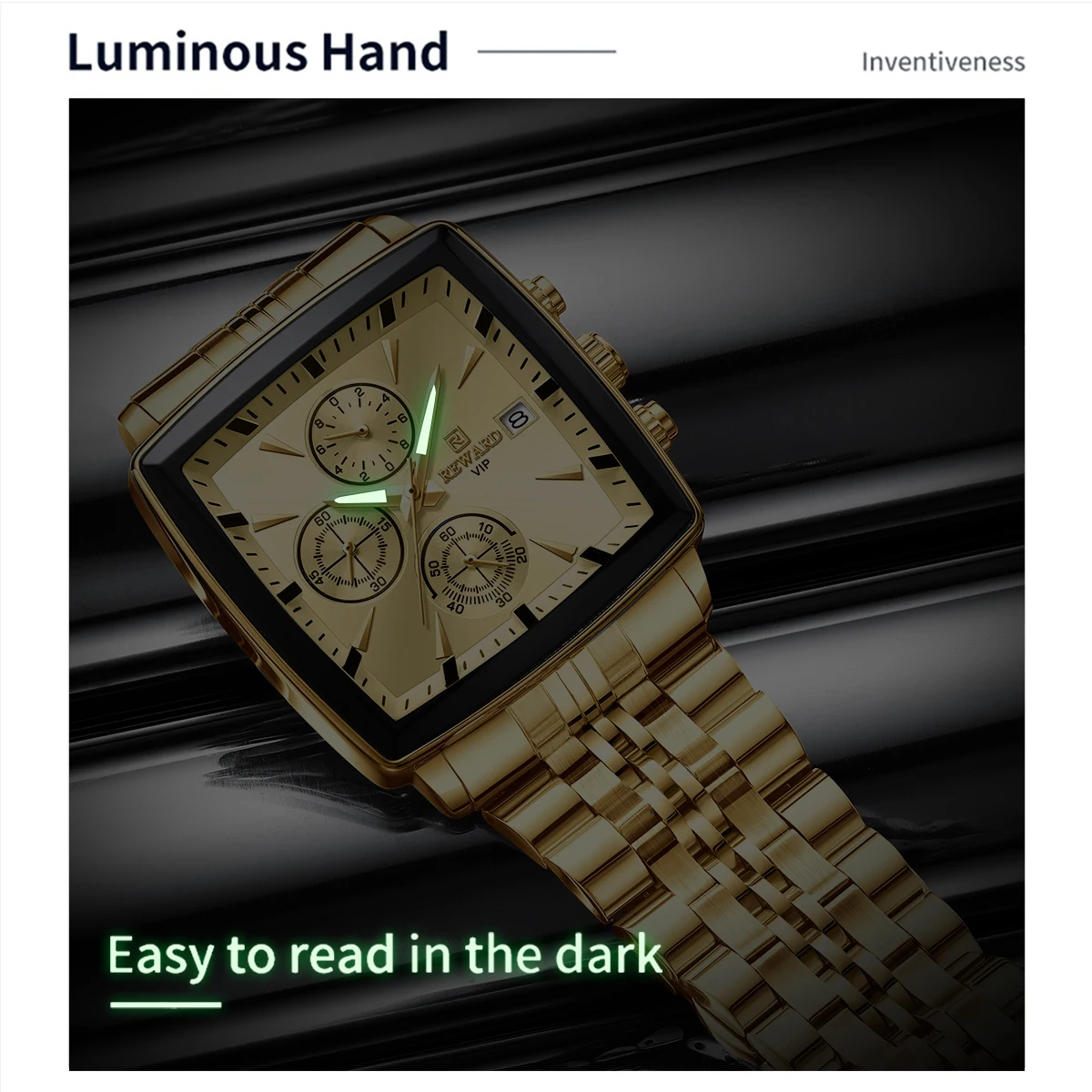 REWARD Golden Watches Rectangle Men\'s Watches Quartz Wristwatches Luxury Business Watch Clock Man Luminous Hands