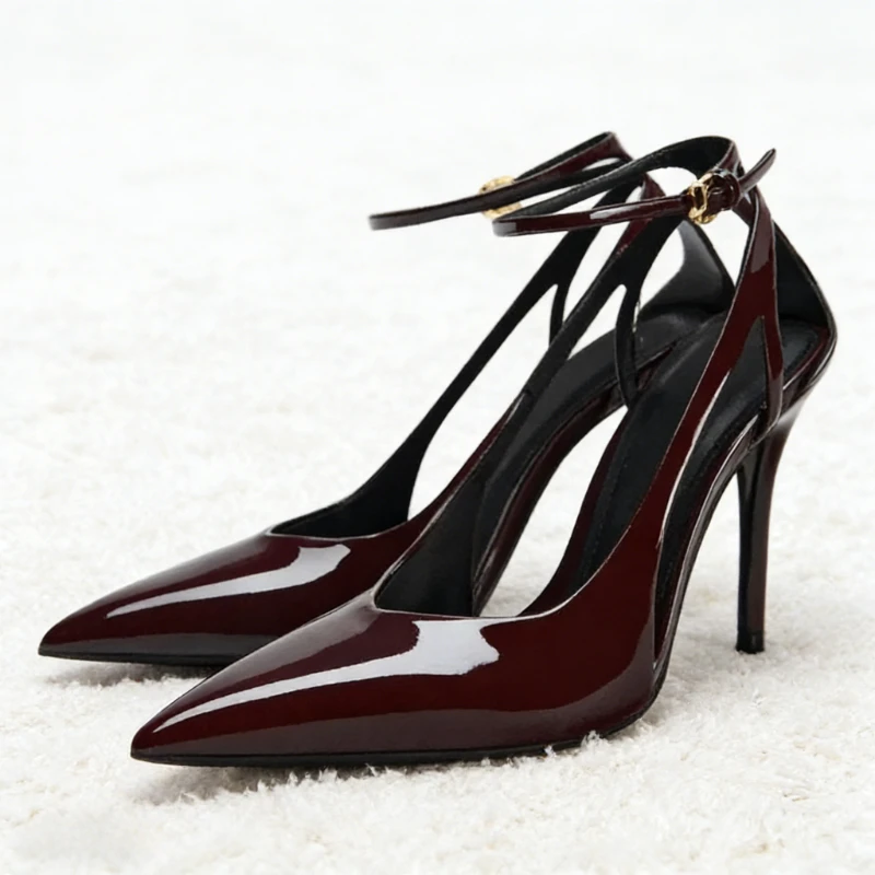 

Sexy Open Heel Pointed Toe Patent Leather Women Pumps 2025 Brand Designer Thin Heel Ankle-Wrap Buckle High Heels Banquet Shoes