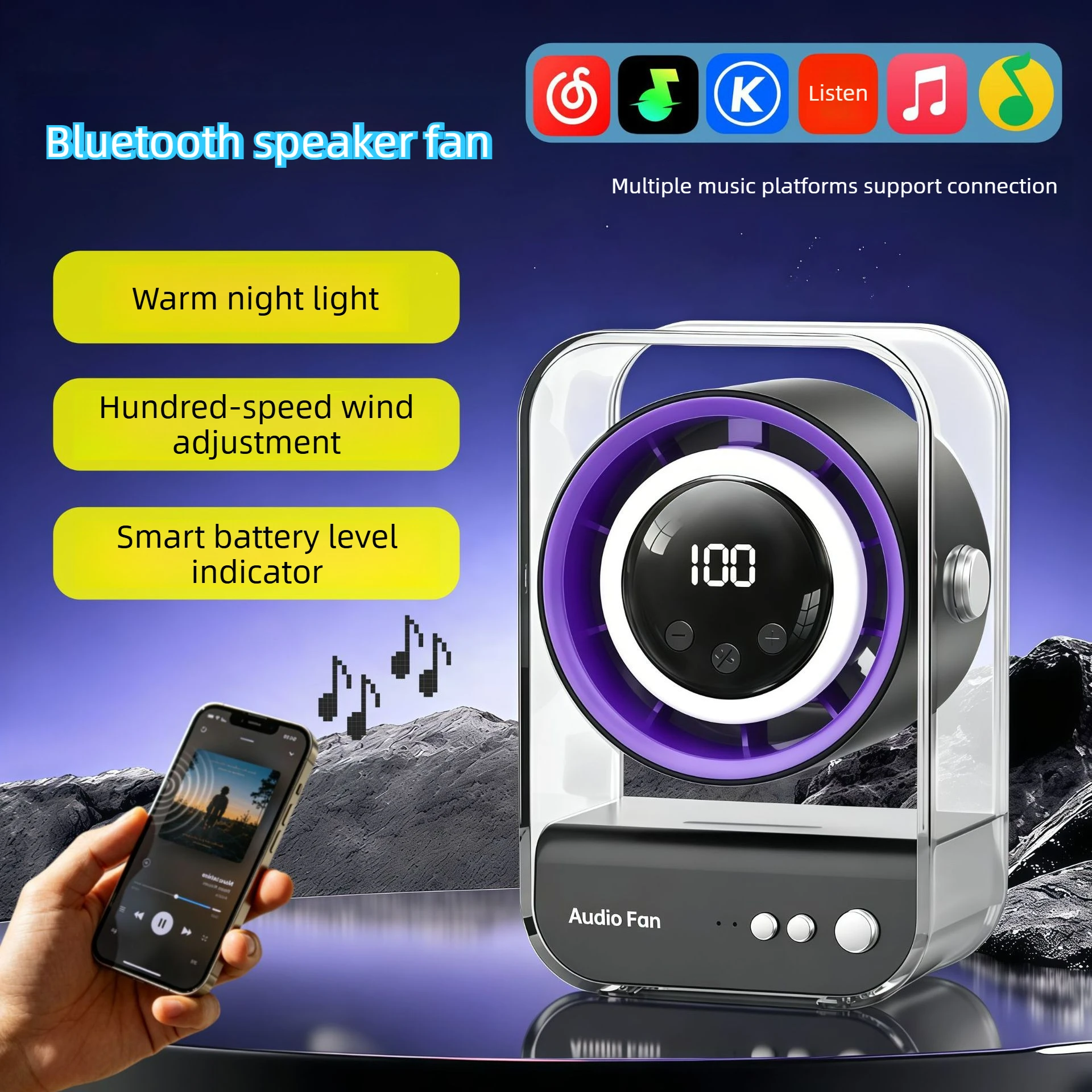3 in 1 Portable Desk Fan with Bluetooth Speaker Night Light USB Rechargeable Quiet Fan Digital Display for Office Bedroom