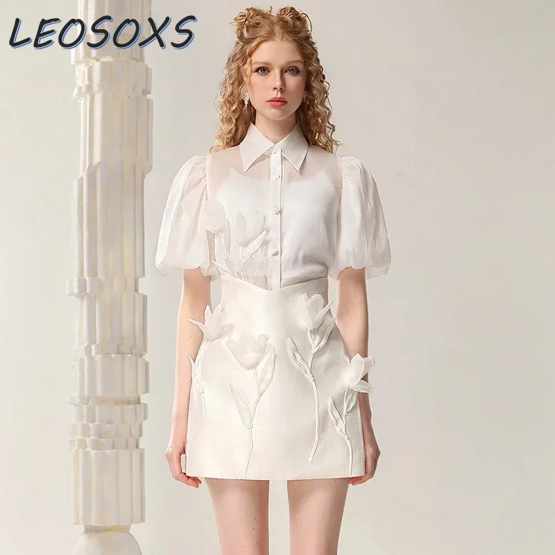 LEOSOXS Designer Skirt Sets 2024 Summer Fashion Commuting Temperament Sense Organza Top A-shaped Mini Skirt Two-piece Set Women