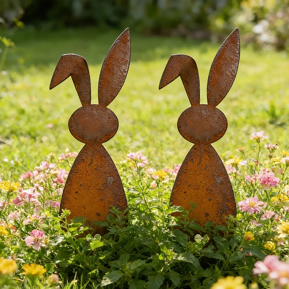 Brand Cute Retro Metal Rabbit Silhouette Garden Stake Heart Cutout Rust Iron Art Yard Planter Decor