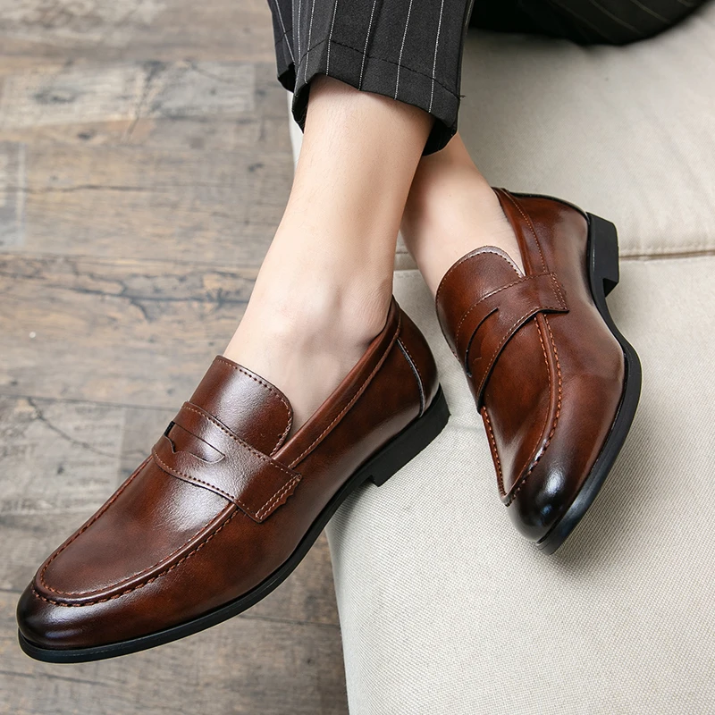Luckman mens dress shoes PU leather fashion men business dress loafers pointy shoes