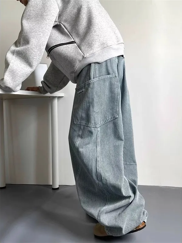 

Американский ретро-полосатый дизайн, изогнутый нож, силуэт, рабочая одежда, джинсы для мужчин и женщин, свободные широкие брюки длиной до пола