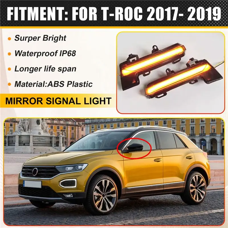 A13F-Car Rearview Mirror Lamp Dynamic Turn Signal Lights LED Indicator For Skoda Octavia MK3 5E VW T-ROC