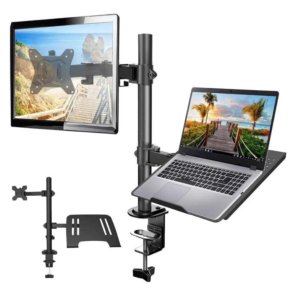 Soporte de Escritorio para Dos Monitores LCD, Totalmente Ajustable, con Bandeja Adicional para Laptop, para Pantallas LCD LED de 13 a 27 Pulgadas