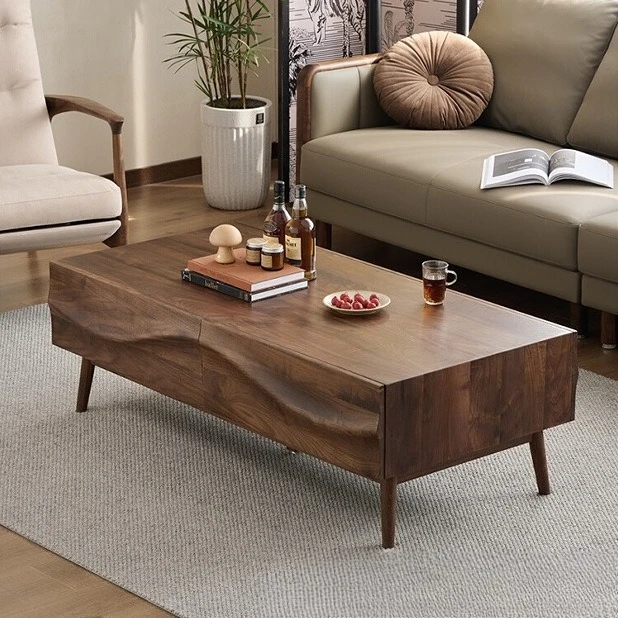 Solid wood coffee table walnut color coffee table with drawers, Nordic Japanese simple modern furniture