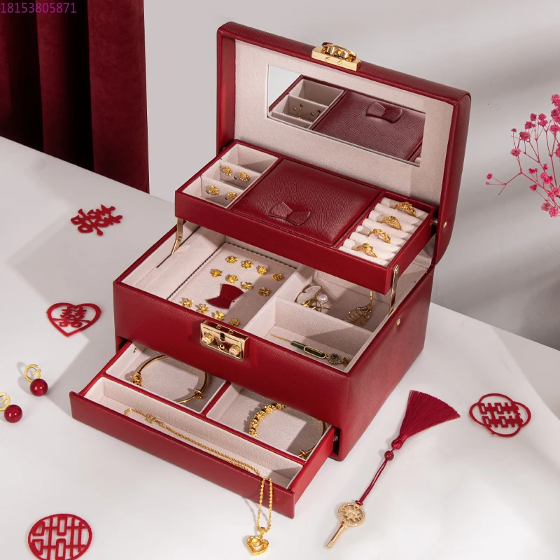 High-end Exquisite Leather Jewelry Box Wedding Dowry Gift Chinese Necklace with Lock