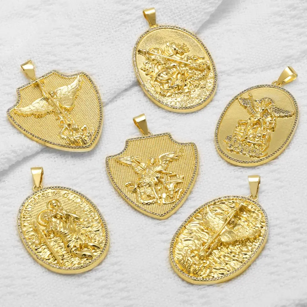 OCESRIO St Michael Medals for Necklace Gold Plated Copper Saint Christopher Shield Pendant Jewelry Making Supplies pdtb919