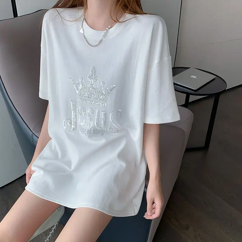 Wind Ins Heavy Industry Sequined Short Sleeved T-shirt Summer New Style Lower Body Missing Western Loose Large Size Top Women