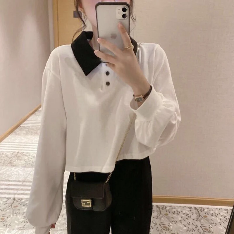 Fashion Lapel Button Solid Color Lantern Sleeve Polo Shirts Female Clothing 2024 Autumn New Loose Korean Tops Casual T-Shirts