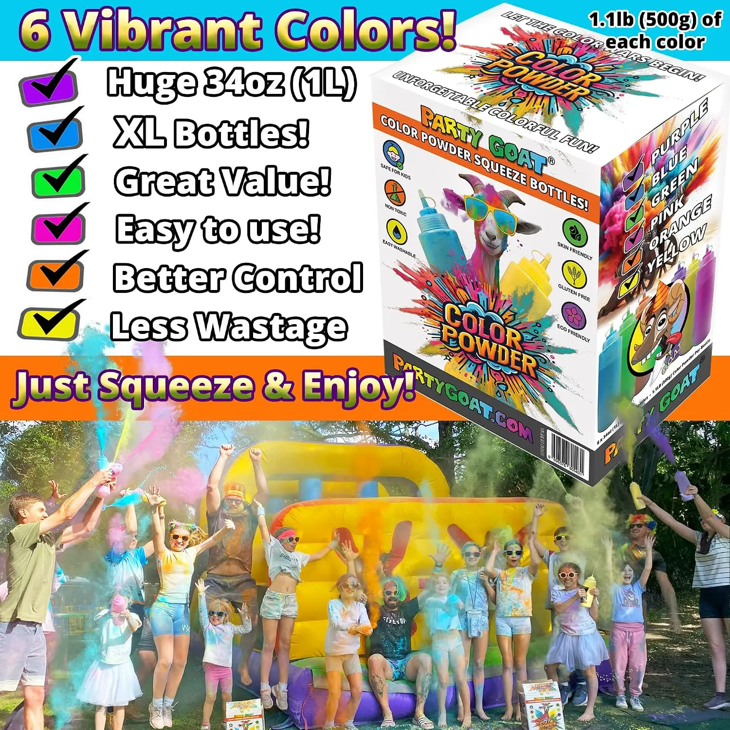 Color Run Powder Squeeze Bottles for Color War XL 34oz, Holi Powder, 6 Pack