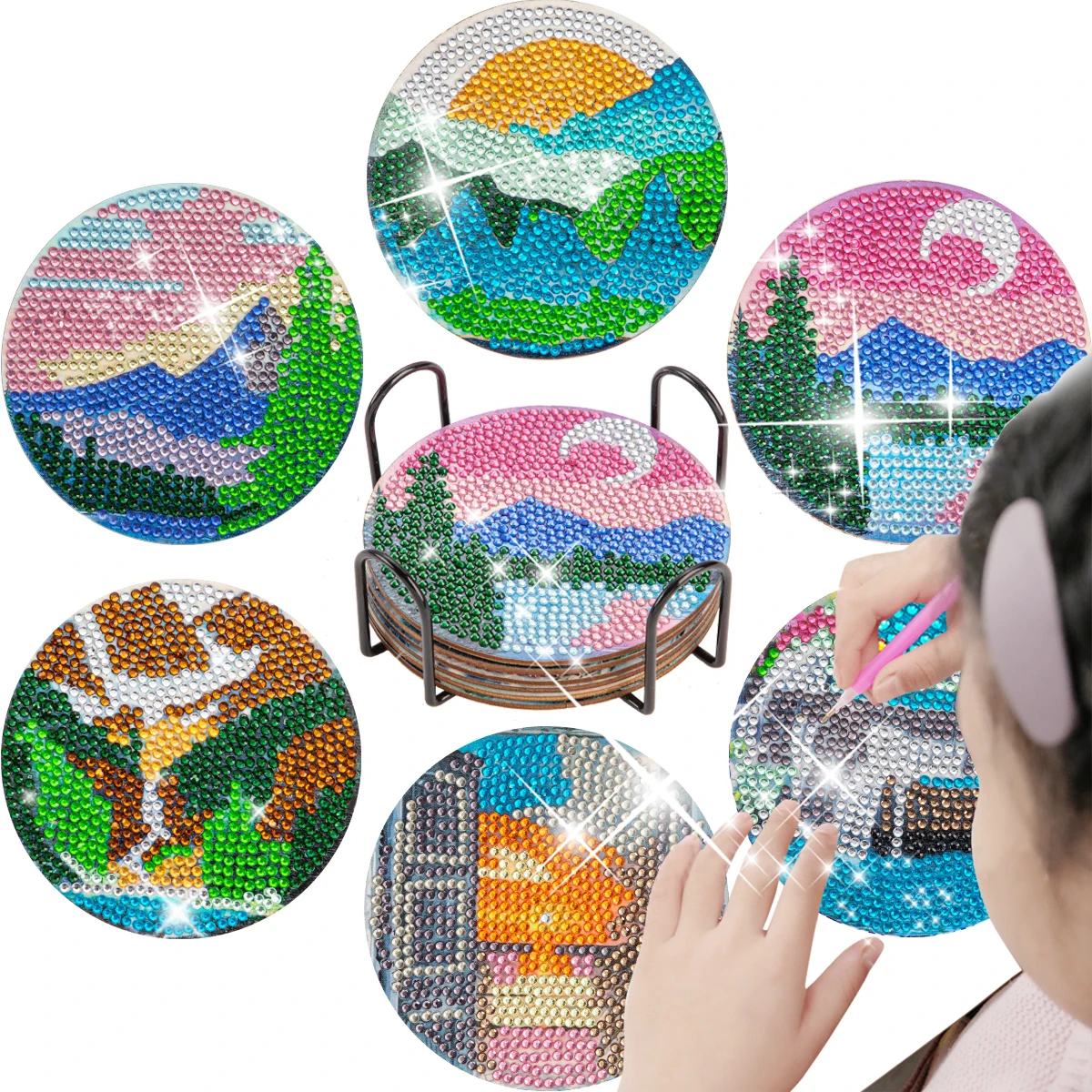 CHENISTORY 6PCS/Sets DIY Diamond Painting Coaster with Holder Crystal Rhinestone Cup Mat Landscape pattern Diamond Coasters