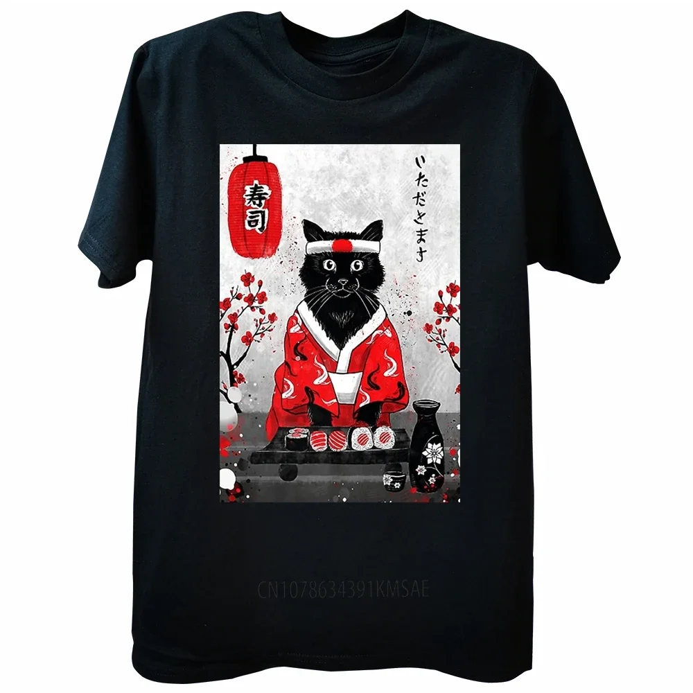 Cat Sushi Vintage Japanese 80s 90s Anime Boy Girl Teen Tee Tops Round Neck Short-Sleeve Fashion Tshirt Clothing Casual T-shirts