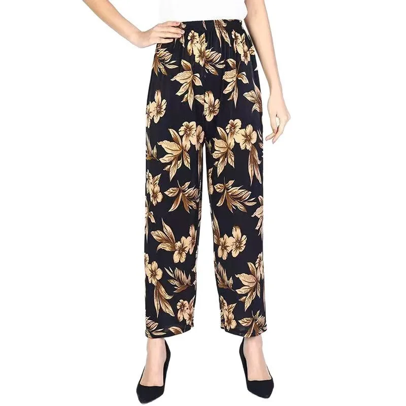 

New Summer Women's Haren Pants Casual High Waist Pants Printed Stretch Middle aged Women's Summer Ice Silk Seven Part Pants