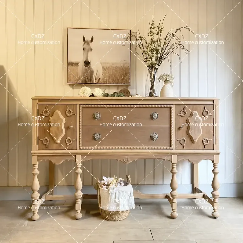 Solid Wood Carved Flower Decorative Cabinet Country Style Entrance Table Foyer Sideboard for Living Room Dining Room Model