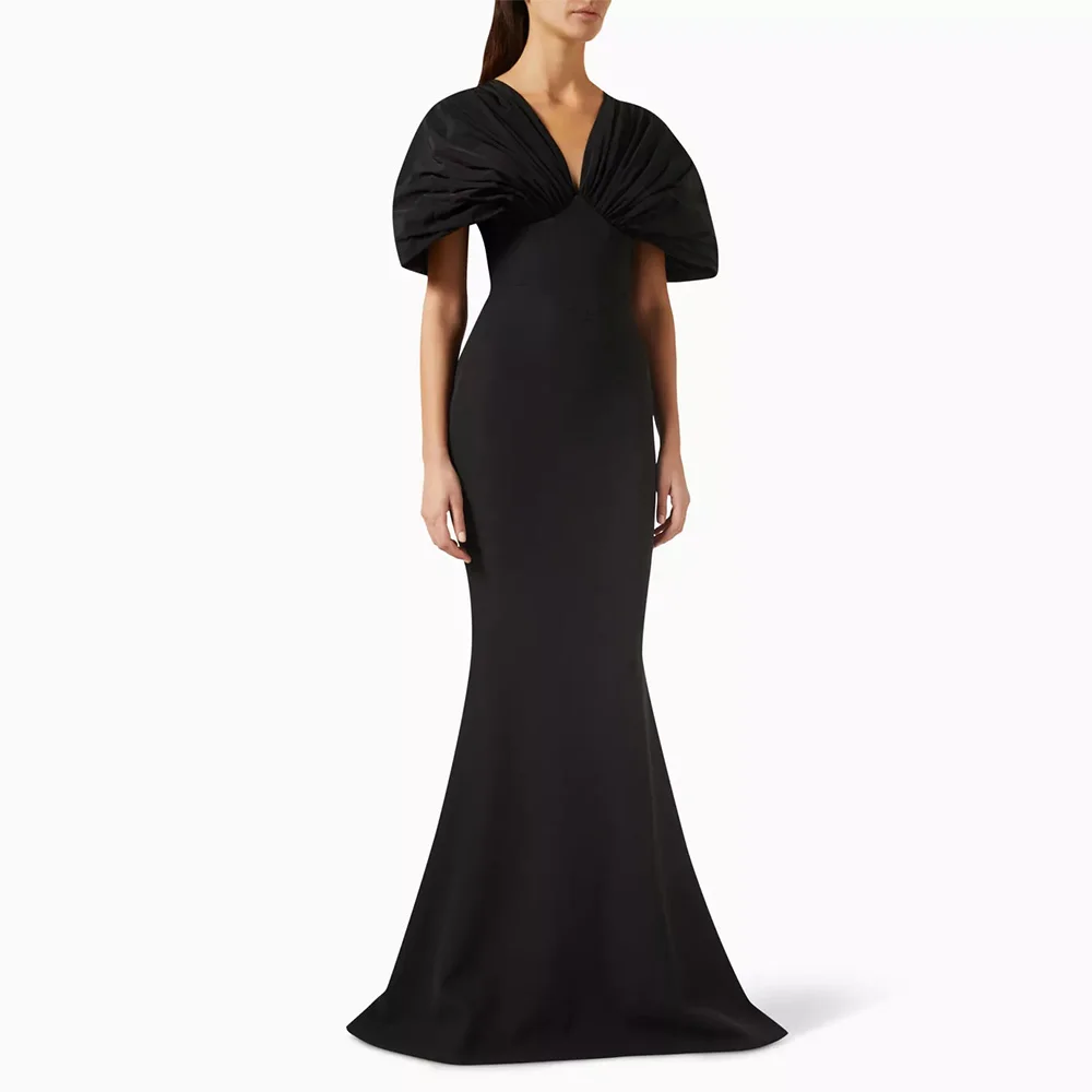 

Mermaid Evening Dress V Neck Cap Sleeves Pleated Black Formal Party Dresses for Women 2025 Trumpet Elegant Wedding Guest Gown