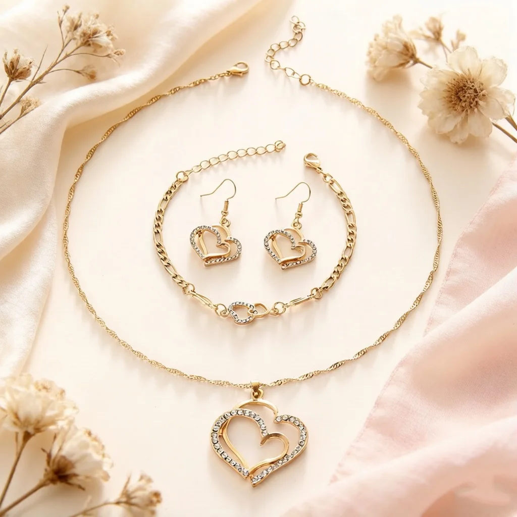 Eternal Love Triple Layer Jewelry Set Wrapped Heart Necklace Earrings Bracelet Gift for Girl friend Women on Valentines Day