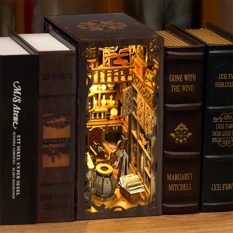 DIY Wooden Magic Light Book Nook Shelf Insert Kits Miniature Model Kit Bookshelf Assembled Bookends for Friends Birthday Gifts