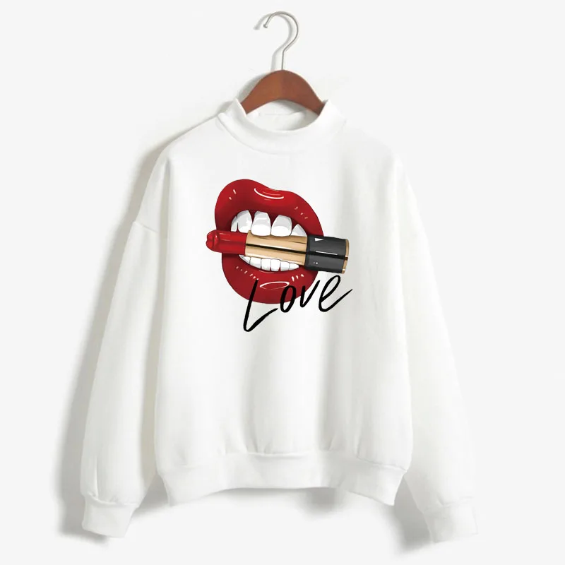 

Sexy Red Lips Print Women Sweatshirt Sweet Korean O-neck Knitted Pullover Thick Autumn Winter Candy Color Loose Lady Clothing