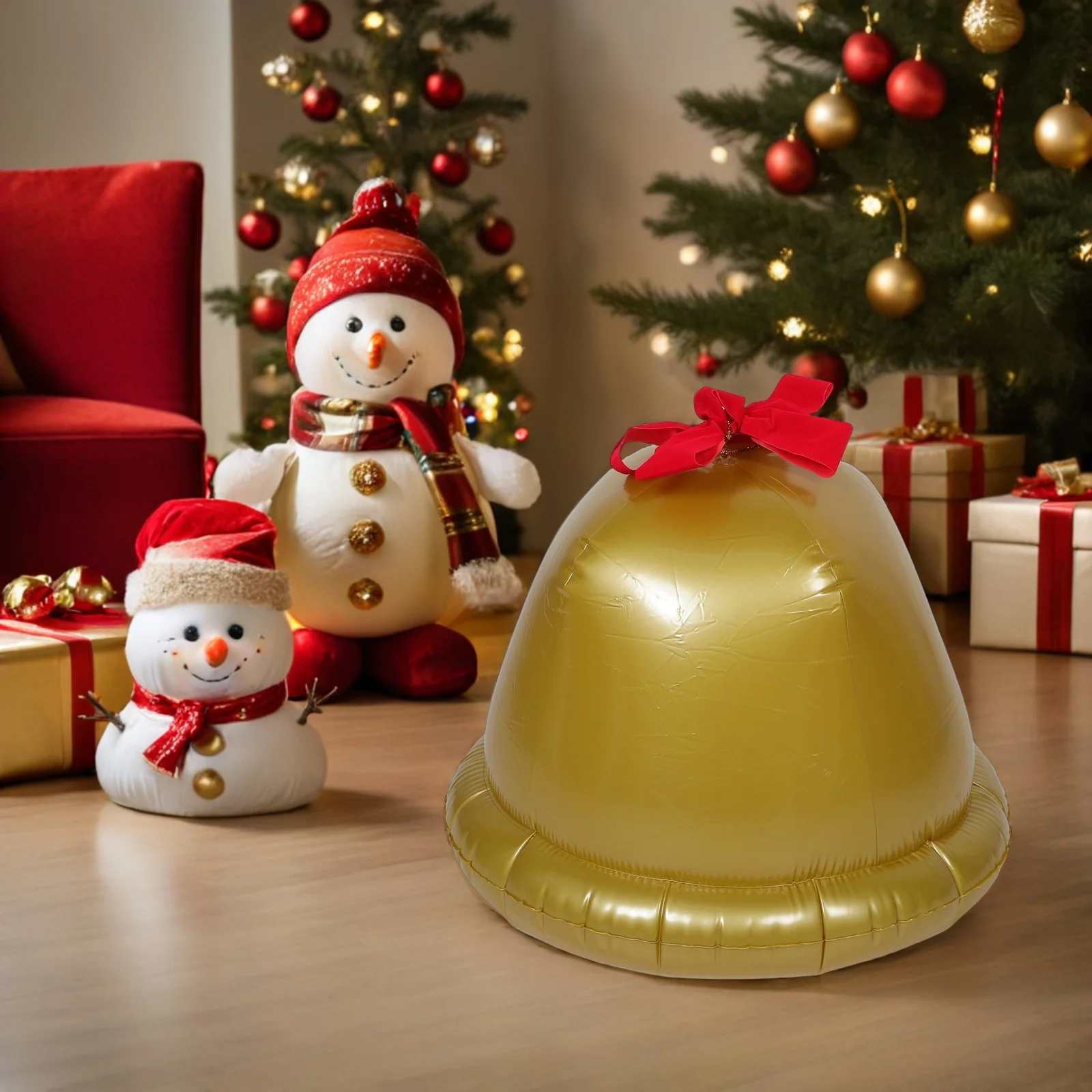 جرس جلجل قابل للنفخ للعطلات، زينة كبيرة جدًا لعيد الميلاد مع فيونكة لامعة، قابلة للنفخ في ساحة الشرفة الخارجية للاحتفالات الداخلية