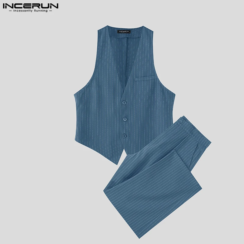 

INCERUN Men Striped Sets Streetwear Summer 2025 Lapel Sleeveless Blazer Vests & Pants Two Pieces Sets Fashion Casual Men's Suits