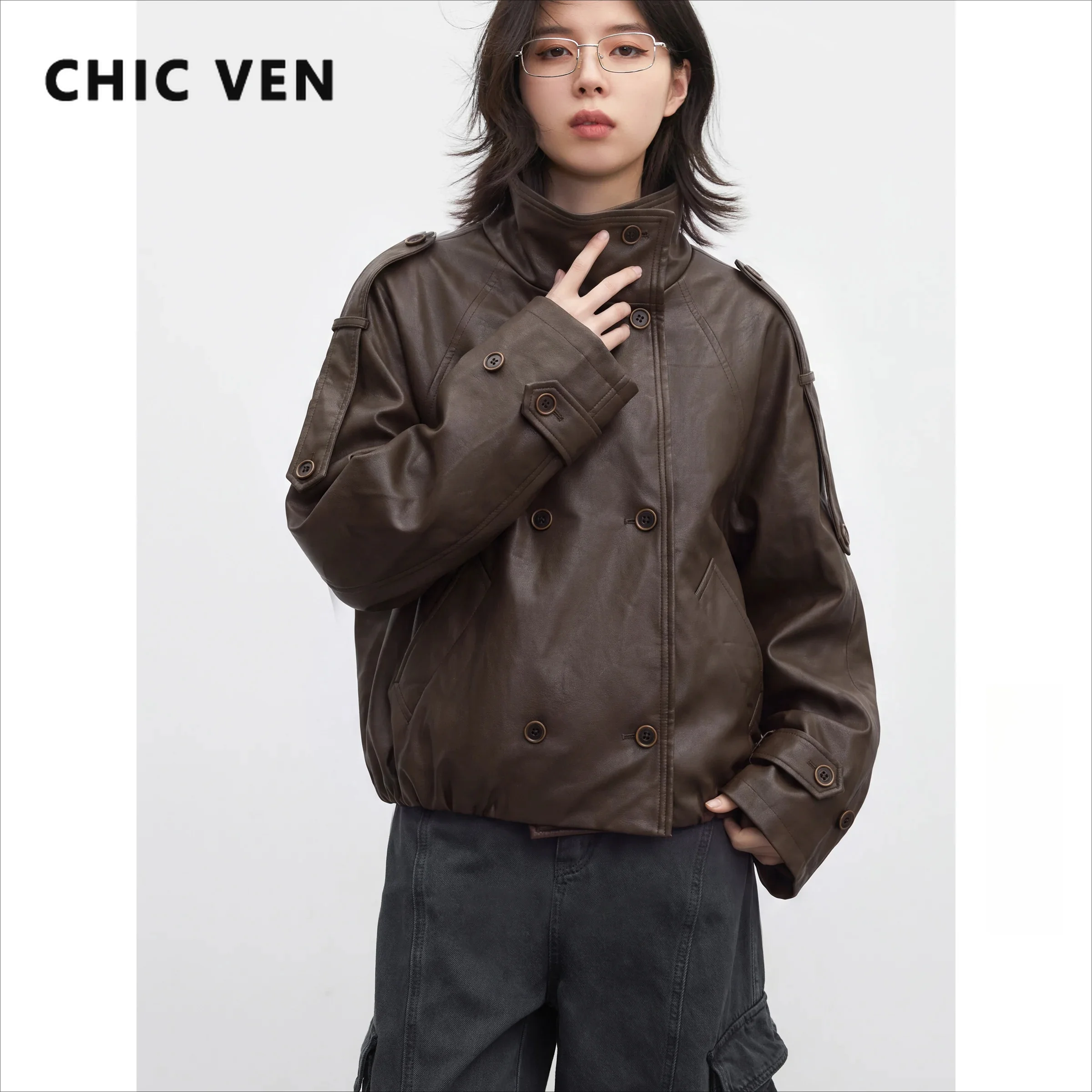 CHIC VEN Women PU Jacket Solid Double-breasted Stand Up Collar Black Female Overcoat Motorcycle Outerwear Spring Autumn 2026