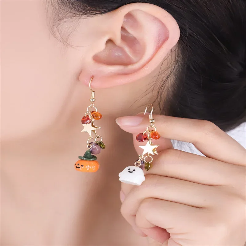 1Pair XIALUOKE Halloween Asymmetrical Pumpkin & Ghost Dangle Earrings, Cute Star Beaded Long Tassel Drop Earrings