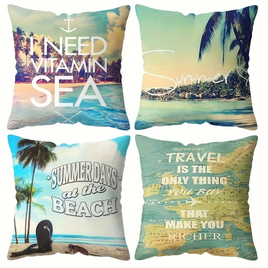 Colección de fundas  almohada con temática de playa de 4 piezas, disponibles en diferentes tamaños, ideal para varios tipos