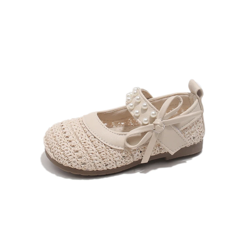 

Girls Beige Cutout Woven Flat Shoes 2026 Kid's French Style Pearl Decor Ballet Flats Princess Dress Shoes For Baby Size 23-34