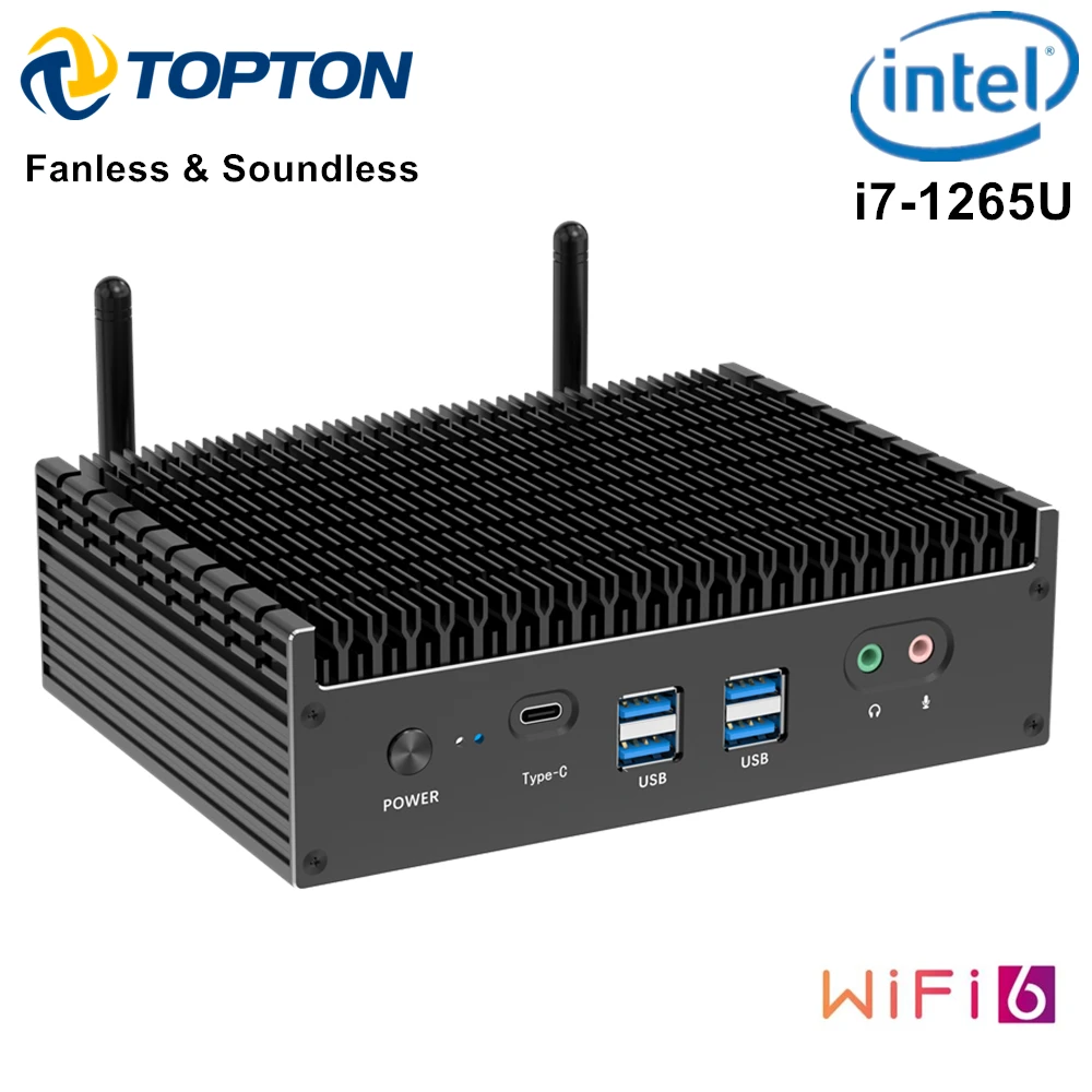 Topton Fanless Mini PC Intel i7 1355U i5-1335U Processor Desktop PC Windows 10 Pro 2x HDMI 2.0 1xDP1.4 for Business Home Theater