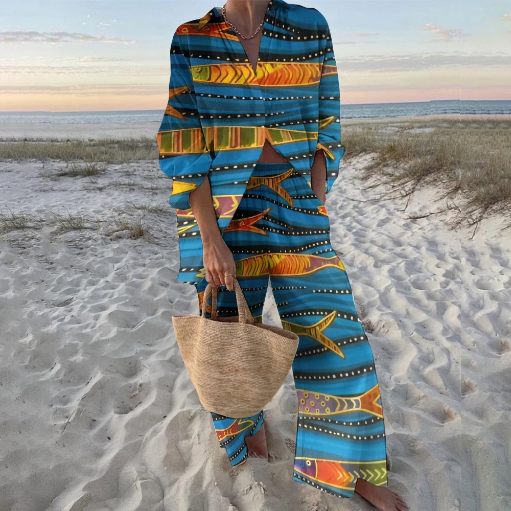 Blue Gradual Change Sardines Fish Print Women's Top Pants Set Designer New Loose Shirt Beach Pants Traf Chic Clothes Outfit